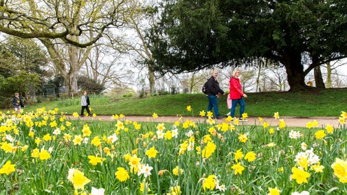 Visitors in the garden in spring at Shugborough Estate, Staffordshire